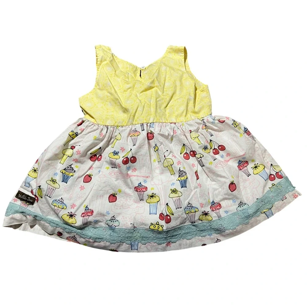Matilda Jane Girls Cupcake Print Mixed Media Dress Yellow Red Blue Size‎ 6 Party